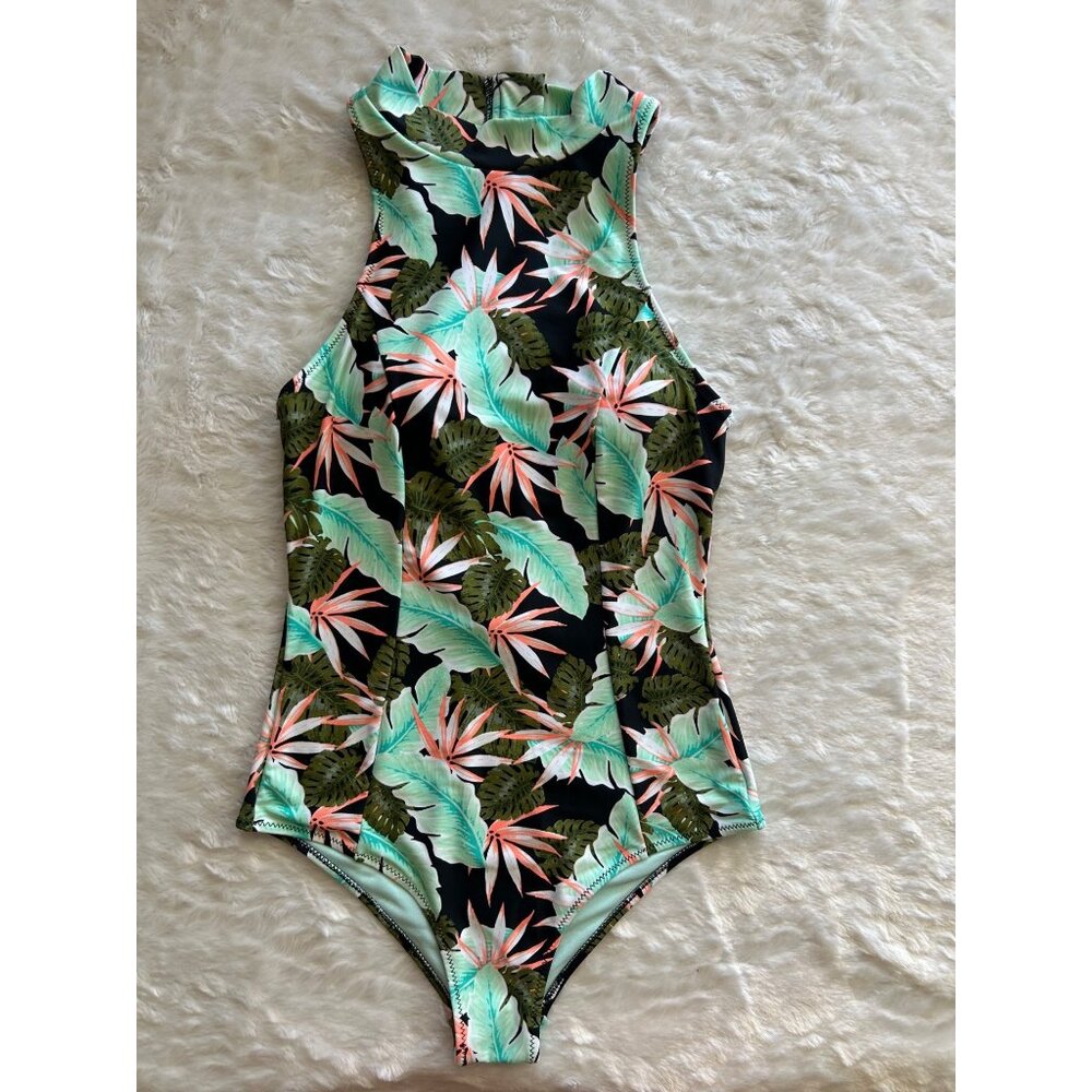 Vanilla Beach Sport Tropical High Neck One-Piece Swimsuit w/ Back Zipper - Small
